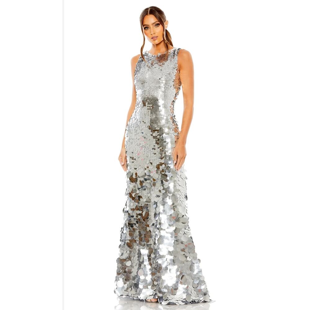 Mac Duggal Embellished Disc Sequin Sleeveless Gown Dress Silver Size 10 NWT - Picture 1 of 12